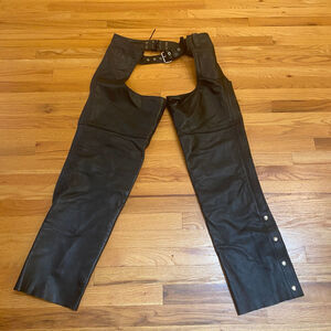 First Leather Motorcycle Chaps Sz Large Unisex Women's Men's Black Snap Zip